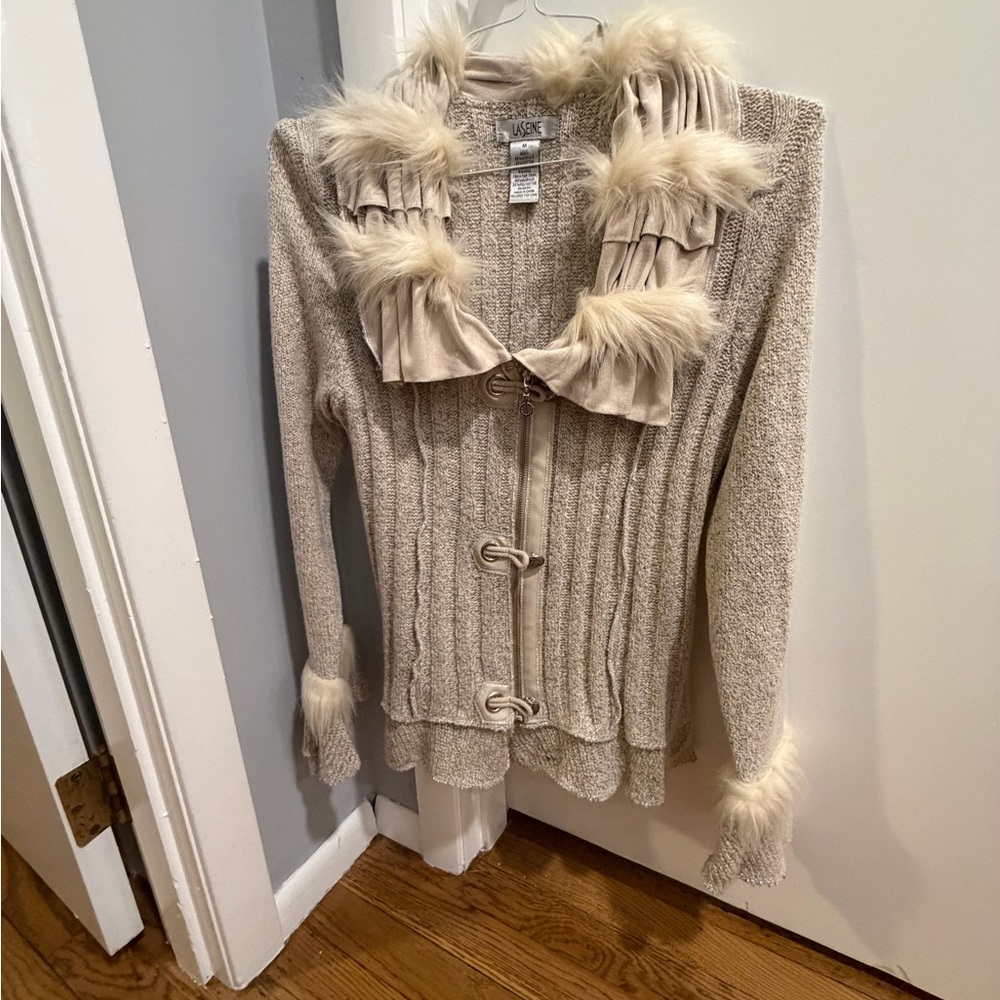 Fuzzy Trim Beige Knit Cardigan